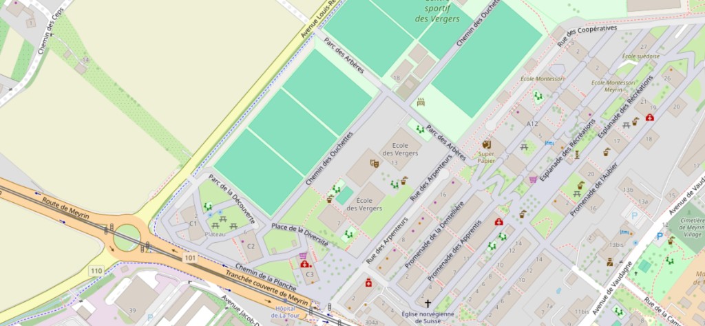Capture OpenStreetMap de Meyrin et des Vergers utilisée comme fond de carte de la démo